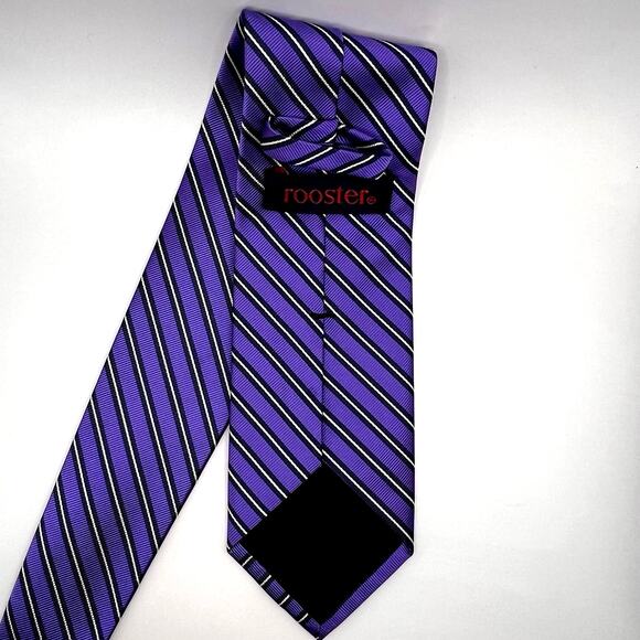 Rooster Repp Tie -Mens 58” Long -Purple Blue Stripe - Silk Necktie - Picture 3 of 7
